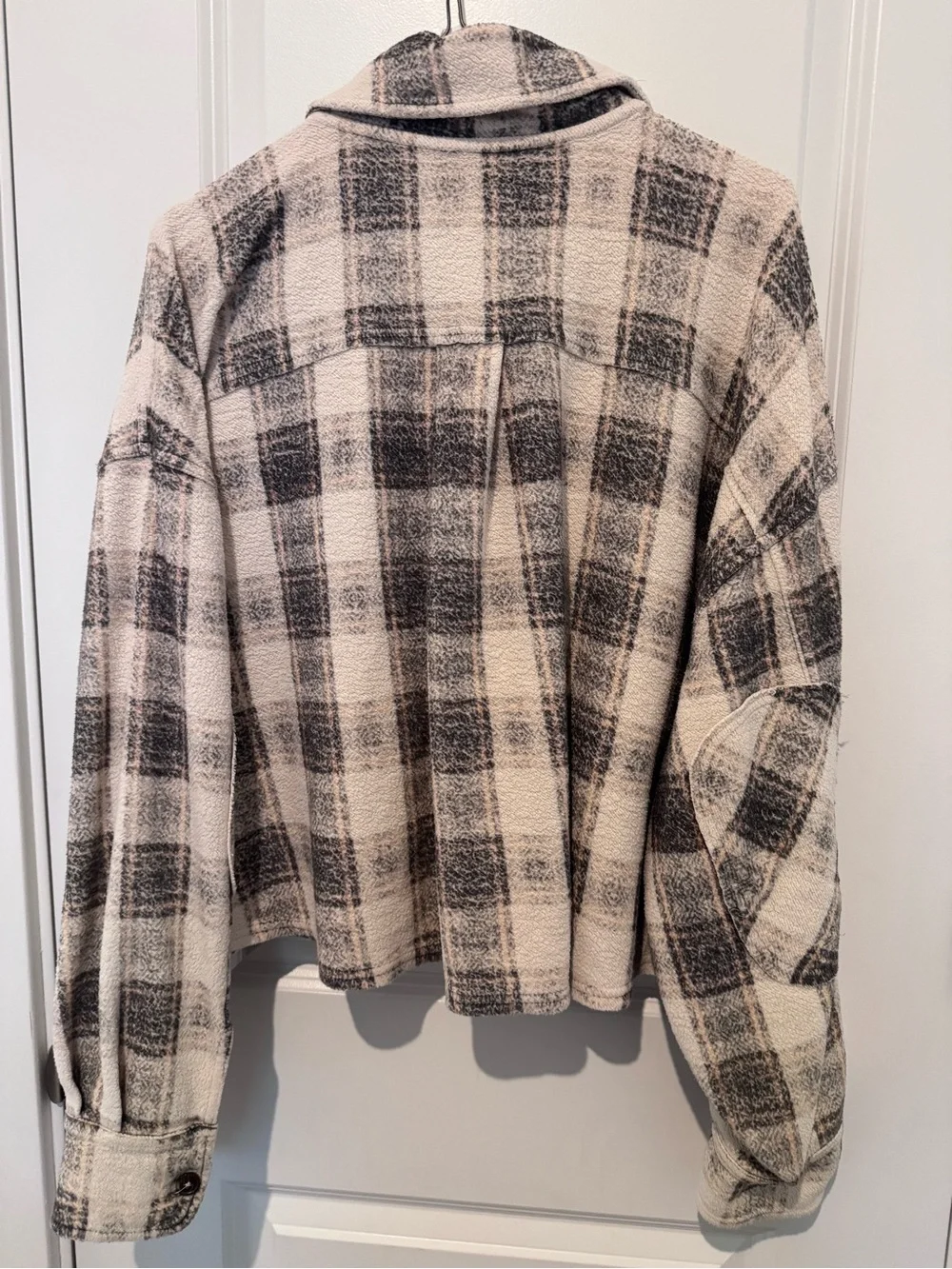 Free People James Plaid Slouchy Shacket with Elbow Patches in Black and Cream - Picture 2 of 6